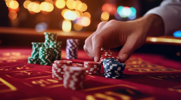 Live Bandar Poker table with dealer and multiple player positions visible on studio camera